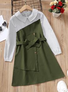 女孩撞色豎條紋繫腰帶連衣裙 - 軍綠色 - 查看 1