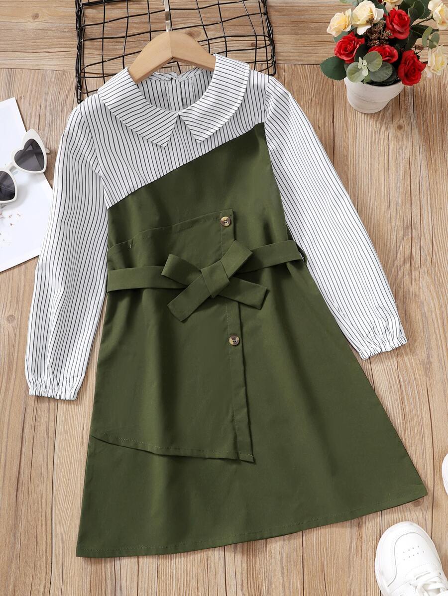 女孩撞色豎條紋繫腰帶連衣裙 - 軍綠色 - 查看 1