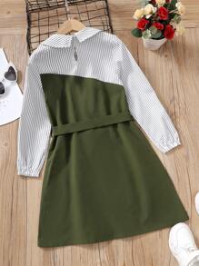 女孩撞色豎條紋繫腰帶連衣裙 - 軍綠色 - 查看 2