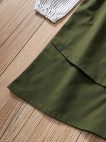 女孩撞色豎條紋繫腰帶連衣裙 - 軍綠色 - 查看 3