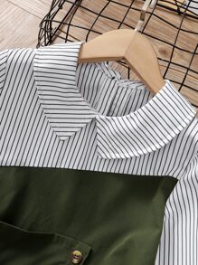 女孩撞色豎條紋繫腰帶連衣裙 - 軍綠色 - 查看 4