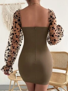 SHEIN Belle Đầm Tương phản Mesh viền lá sen Xù cắt Dây kéo Loại bướm Hấp dẫn - Cà phê nâu - Xem 2