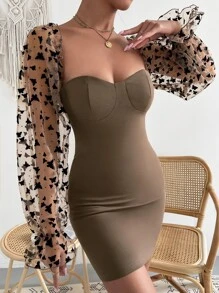 SHEIN Belle Đầm Tương phản Mesh viền lá sen Xù cắt Dây kéo Loại bướm Hấp dẫn - Cà phê nâu - Xem 3