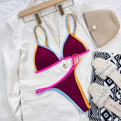 Contrast Binding Triangle Bikini Swimsuit