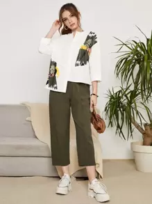 Mulvari Pantalones con blusa con estampado de pincelada de hombros caídos bajo asimétrico