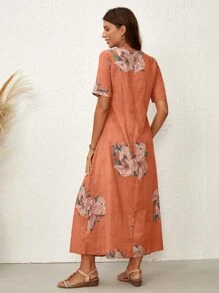 EMERY ROSE 印花紐扣細節連衣裙 - 橘色 - 查看 2