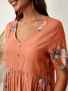 EMERY ROSE 印花紐扣細節連衣裙 - 橘色 - 查看 5