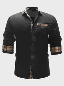 Manfinity VCAY Men Contrast Plaid Panel Patch Pocket Shirt - Black - View 1