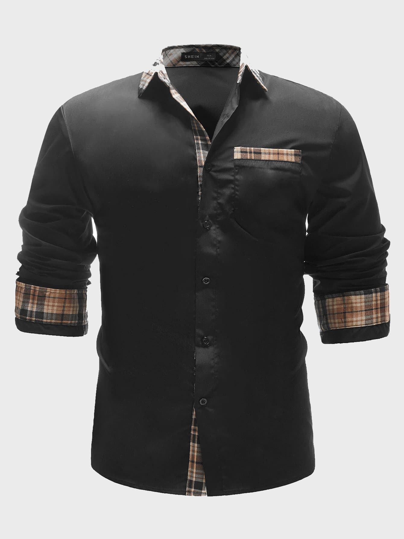 Manfinity VCAY Men Contrast Plaid Panel Patch Pocket Shirt - Black - View 1