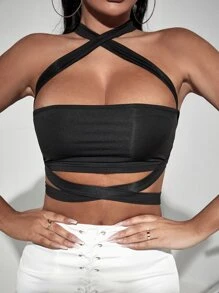 SHEIN SXY Criss Cross Tie Back Crop Top - Black - View 1