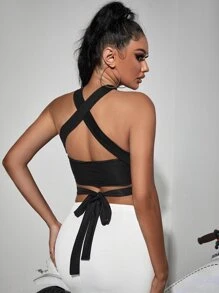 SHEIN SXY Criss Cross Tie Back Crop Top - Black - View 2