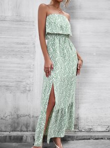 碎花印花开叉抹胸连衣裙 - 彩色 - 查看 3