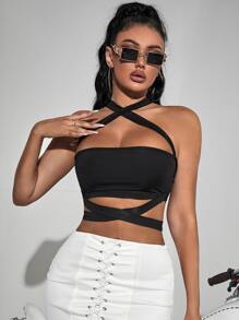 SHEIN SXY Criss Cross Tie Back Crop Top - Black - View 3