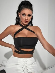 SHEIN SXY Criss Cross Tie Back Crop Top - Black - View 4