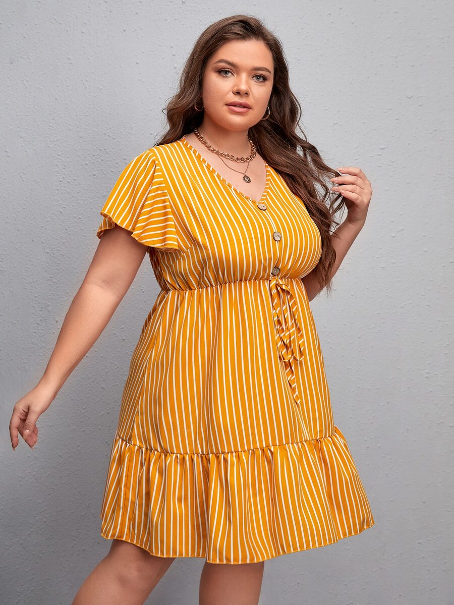 Plus Vertical Striped Knot Waist Fake Button Ruffle Hem Dress - Mustard Yellow - View 1