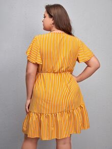 Plus Vertical Striped Knot Waist Fake Button Ruffle Hem Dress - Mustard Yellow - View 2