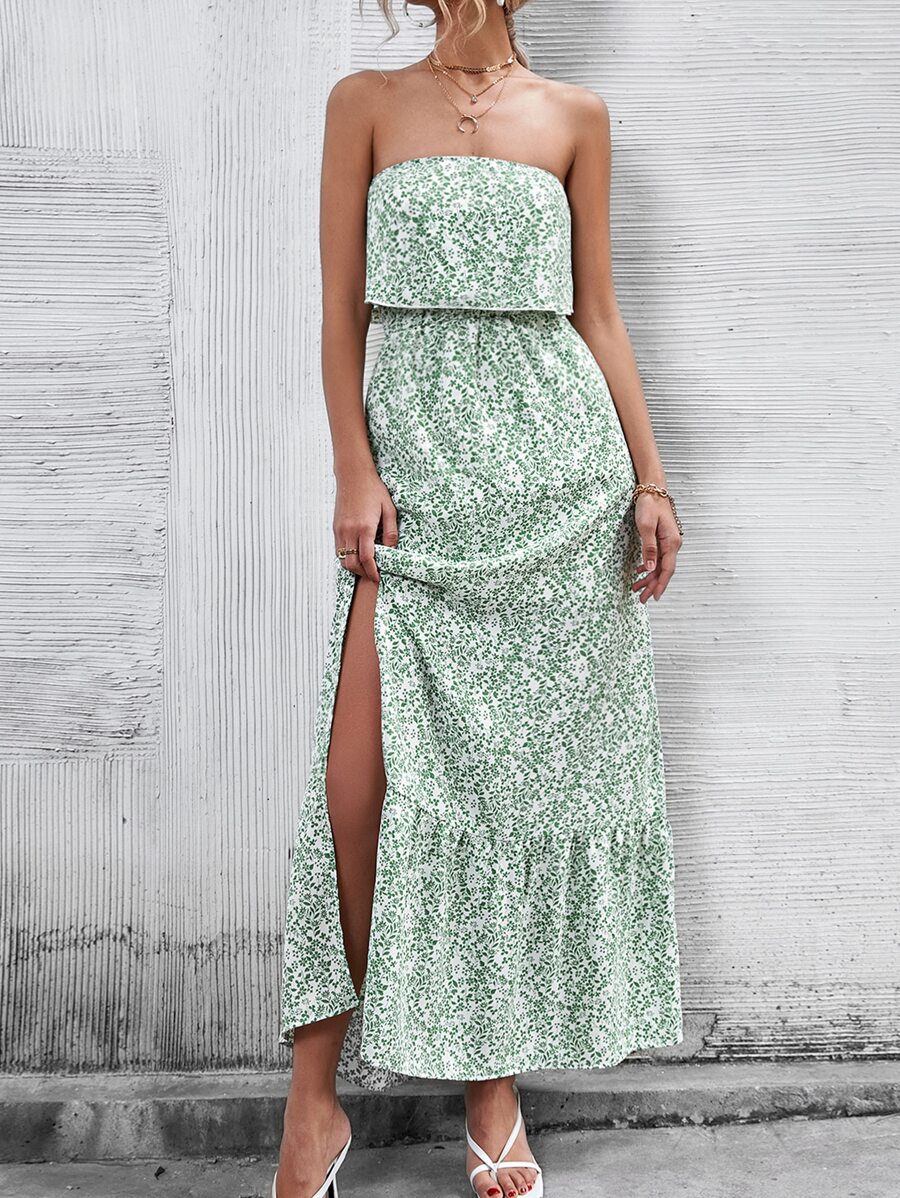 碎花印花开叉抹胸连衣裙 - 彩色 - 查看 1