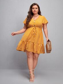 Plus Vertical Striped Knot Waist Fake Button Ruffle Hem Dress - Mustard Yellow - View 3