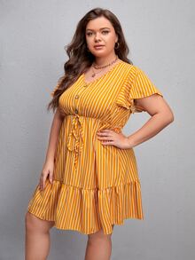 Plus Vertical Striped Knot Waist Fake Button Ruffle Hem Dress - Mustard Yellow - View 4