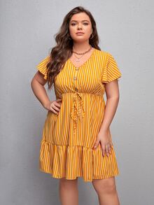 Plus Vertical Striped Knot Waist Fake Button Ruffle Hem Dress - Mustard Yellow - View 5