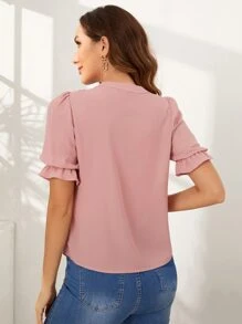 SHEIN Clasi Plissado Laço Simples elegante Blusa - Rosa Empoeirado - Ver 2