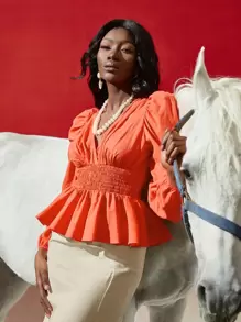 SHEINNeu 燈籠袖腰部打褶花邊下擺上衣 - 橘色 - 查看 1