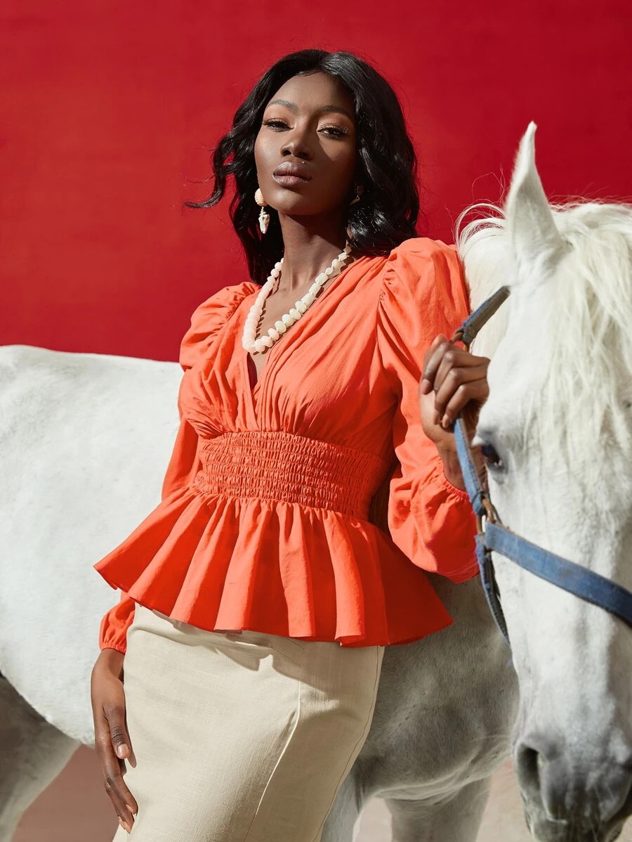 SHEINNeu 燈籠袖腰部打褶花邊下擺上衣 - 橘色 - 查看 1