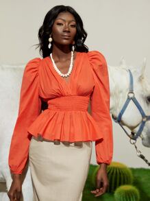SHEINNeu 燈籠袖腰部打褶花邊下擺上衣 - 橘色 - 查看 2