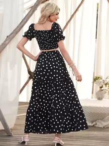 SHEIN Holidaya 方領滿版印花打褶泡泡袖短款上衣和波點圖案半身裙 - 黑色 - 查看 2