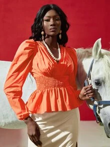 SHEINNeu 燈籠袖腰部打褶花邊下擺上衣 - 橘色 - 查看 5