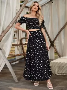 SHEIN Holidaya 方領滿版印花打褶泡泡袖短款上衣和波點圖案半身裙 - 黑色 - 查看 3