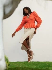 SHEINNeu 燈籠袖腰部打褶花邊下擺上衣 - 橘色 - 查看 7