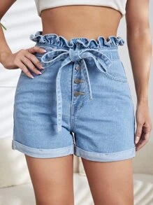 Quần short denim nữ Thắt lưng Túi Nút phía trước Quần paper-bag màu trơn - Rửa nhẹ - Xem 1