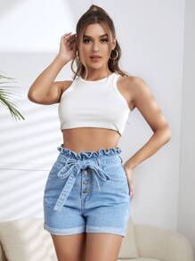 Quần short denim nữ Thắt lưng Túi Nút phía trước Quần paper-bag màu trơn - Rửa nhẹ - Xem 3