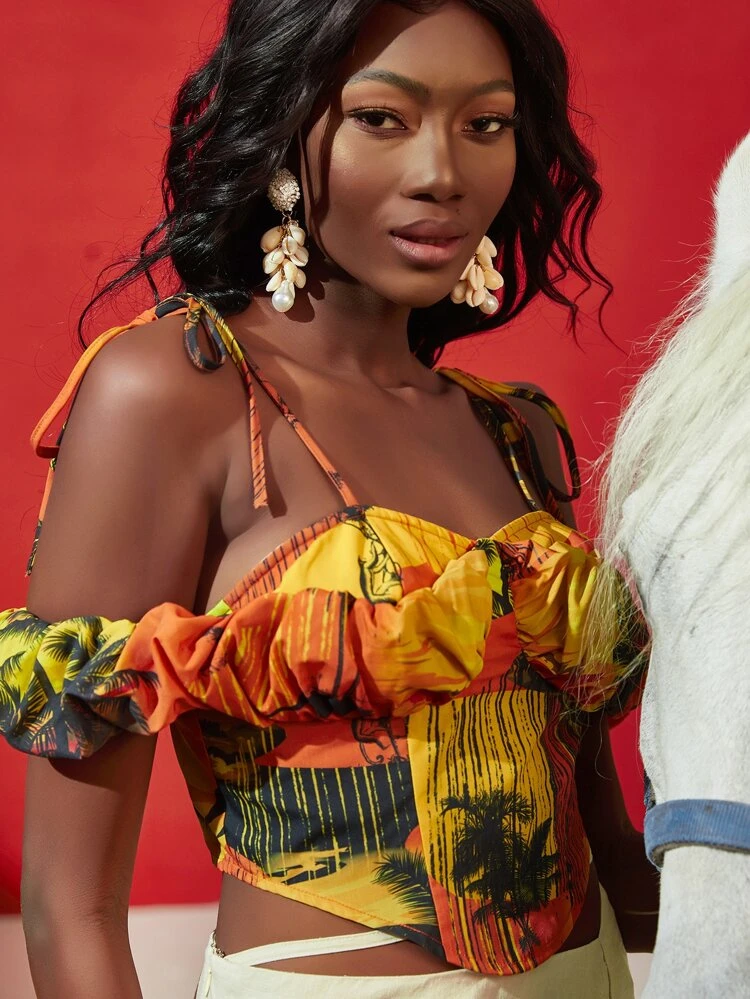 Tropical Print Knot Shoulder Puff Sleeve Ruched Bust Crop Top