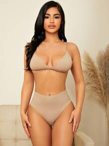 女士卡其色高腰内裤休闲舒适面料透明素色内裤高弹力 - 卡其色 - 查看 3