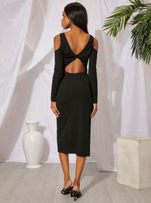 SHEINNeu Đầm Lộ Lưng Nút xoắn lại Gân đan Khối Màu Thanh lịch - màu đen - Xem 2