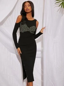 SHEINNeu Đầm Lộ Lưng Nút xoắn lại Gân đan Khối Màu Thanh lịch - màu đen - Xem 3