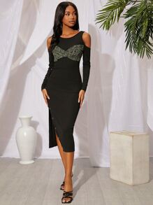 SHEINNeu Đầm Lộ Lưng Nút xoắn lại Gân đan Khối Màu Thanh lịch - màu đen - Xem 4