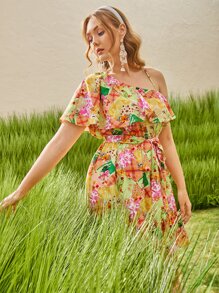 SHEIN VCAY Plus Allover Floral Print Asymmetrical Neck Ruffle Hem Dress - Multicolor - View 3