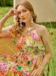 SHEIN VCAY Plus Allover Floral Print Asymmetrical Neck Ruffle Hem Dress - Multicolor - View 7