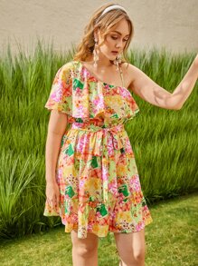 SHEIN VCAY Plus Allover Floral Print Asymmetrical Neck Ruffle Hem Dress - Multicolor - View 8