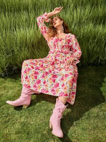 SHEIN VCAY Plus Ruffle Trim Shirred Waist Floral Print Dress - Multicolor - View 2