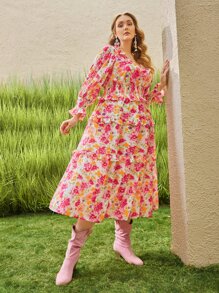 SHEIN VCAY Plus Ruffle Trim Shirred Waist Floral Print Dress - Multicolor - View 3