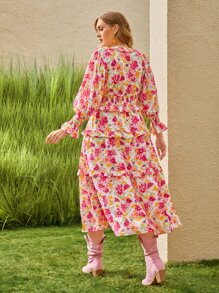 SHEIN VCAY Plus Ruffle Trim Shirred Waist Floral Print Dress - Multicolor - View 4