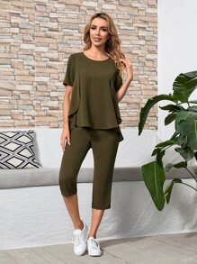 EMERY ROSE High-low Hem Solid Top & Capri Pants Set - Army Green - View 2