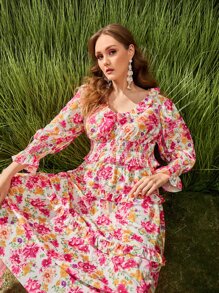 SHEIN VCAY Plus Ruffle Trim Shirred Waist Floral Print Dress - Multicolor - View 5