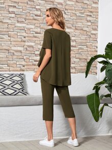 EMERY ROSE High-low Hem Solid Top & Capri Pants Set - Army Green - View 3