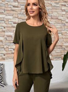 EMERY ROSE High-low Hem Solid Top & Capri Pants Set - Army Green - View 4