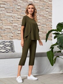 EMERY ROSE High-low Hem Solid Top & Capri Pants Set - Army Green - View 5